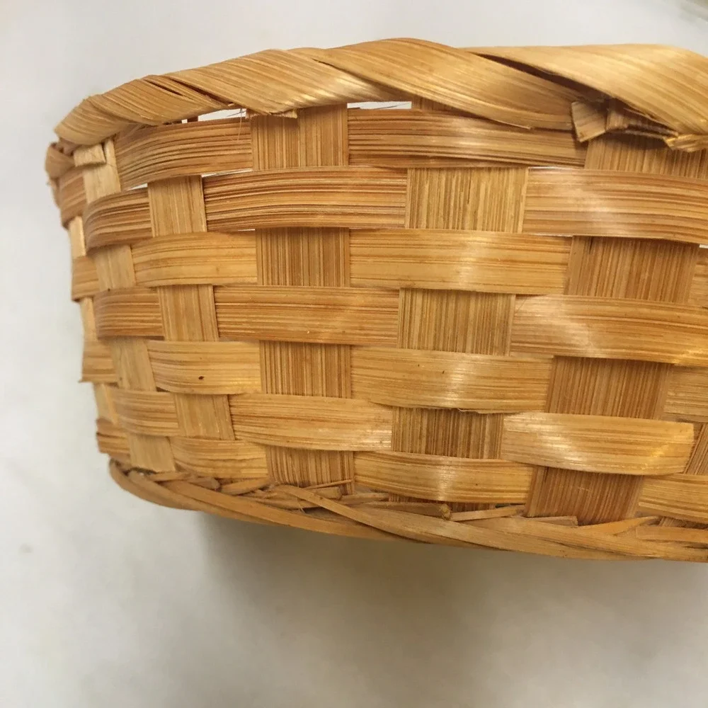 Woven Bamboo Basket Home Decor 7.25in Tan Round Lattice Storage Cottagecore